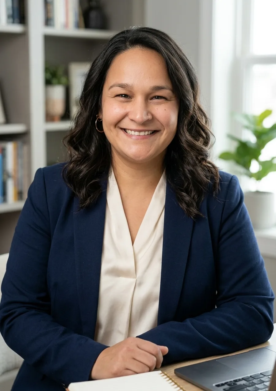 Smiling life coach in a navy blazer seated at her desk with a notebook and laptop